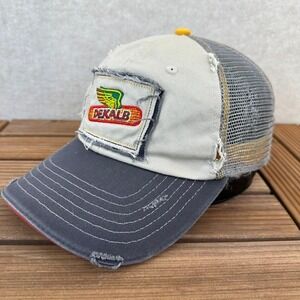 DEKALB Corn Seed Embroidered Trucker Hat Distressed Tan Grey Mesh Yellow Button